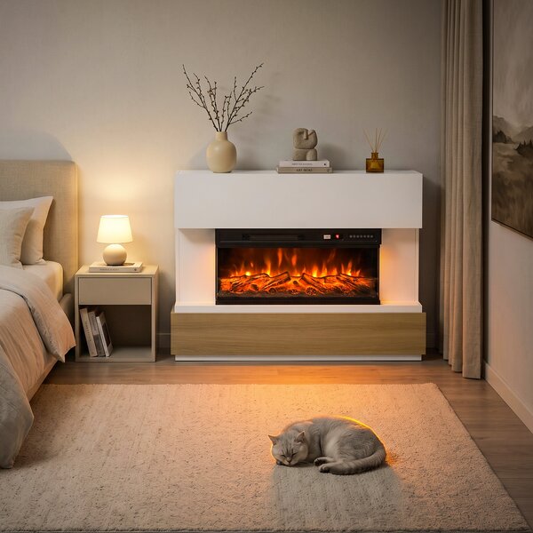 HOMCOM Șemineu Electric 117 cm cu 3 Laturi, pentru TV 55", 900/1800 W, 12 Culori Flacără 3D, Alb | Aosom Romania