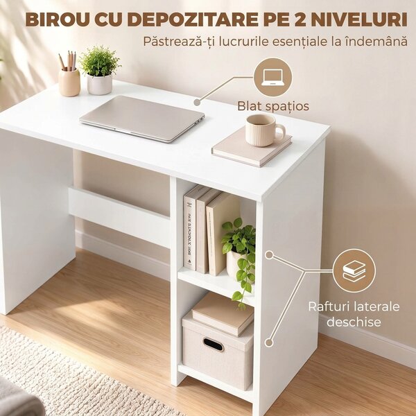 HOMCOM Birou pentru Computer cu 2 Polițe Deschise, 80 cm, Alb | Aosom Romania