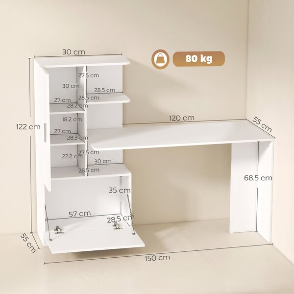 HOMCOM Birou pentru calculator cu bibliotecă și dulap, 150 cm, alb | Aosom Romania