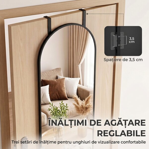HOMCOM Oglindă de Perete Arcuită 110x40 cm, Ramă din Aluminiu, Cârlige, Design Modern, Negru | Aosom Romania