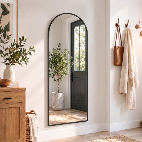 HOMCOM Oglindă de Perete Arcuită 110x40 cm, Ramă din Aluminiu, Cârlige, Design Modern, Negru | Aosom Romania