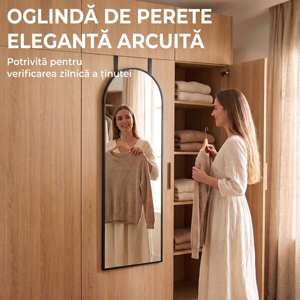 HOMCOM Oglindă de Perete Arcuită 110x40 cm, Ramă din Aluminiu, Cârlige, Design Modern, Negru | Aosom Romania