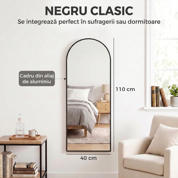 HOMCOM Oglindă de Perete Arcuită 110x40 cm, Ramă din Aluminiu, Cârlige, Design Modern, Negru | Aosom Romania