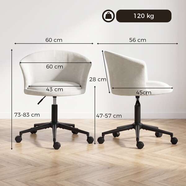HOMCOM Scaun de birou rotativ din chenille, înălțime reglabilă, pentru machiaj, studio sau dormitor, crem | Aosom Romania