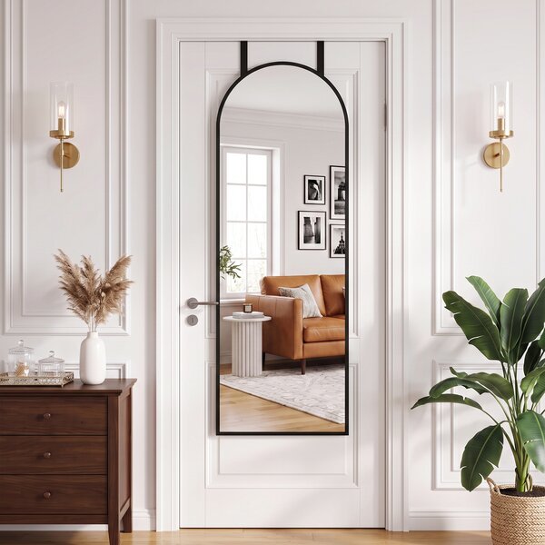 HOMCOM Oglindă de Perete Arcuită 110x40 cm, Ramă din Aluminiu, Cârlige, Design Modern, Negru | Aosom Romania