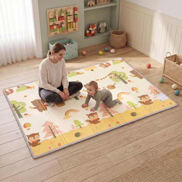 AIYAPLAY Covoraș de Joacă pentru Copii 200x150x1,5 cm, Tematică Pădure, Pliabil, Reversibil, XPE, 0-3 Ani, Multicolor | Aosom Romania