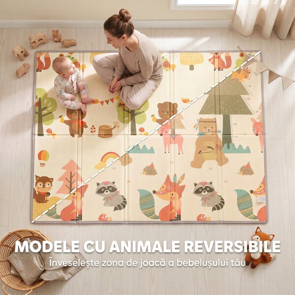 AIYAPLAY Covoraș de Joacă pentru Copii 200x150x1,5 cm, Tematică Pădure, Pliabil, Reversibil, XPE, 0-3 Ani, Multicolor | Aosom Romania