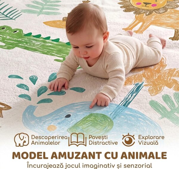 AIYAPLAY Covoraș de Joacă pentru Bebeluși, Antiderapant și Rezistent la Apă, 150x200 cm, Model cu Animale | Aosom Romania