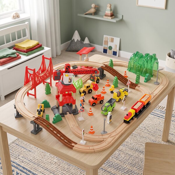 AIYAPLAY Trenuleț din lemn pentru copii 3+ ani, 91 piese, cu macara, șine, vehicule și figurine, multicolor | Aosom Romania