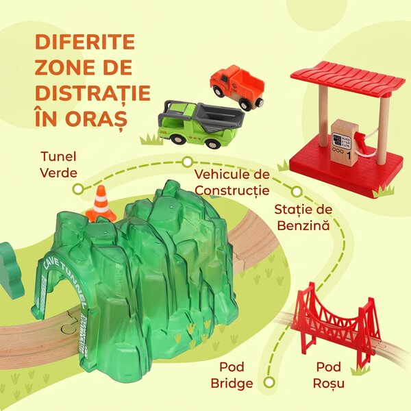 AIYAPLAY Trenuleț din lemn pentru copii 3+ ani, 91 piese, cu macara, șine, vehicule și figurine, multicolor | Aosom Romania