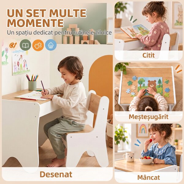 AIYAPLAY Set masă și scaun pentru copii, cu sertar, 3-8 ani, margini rotunjite, pentru camera copilului, living, grădiniță, alb | Aosom Romania