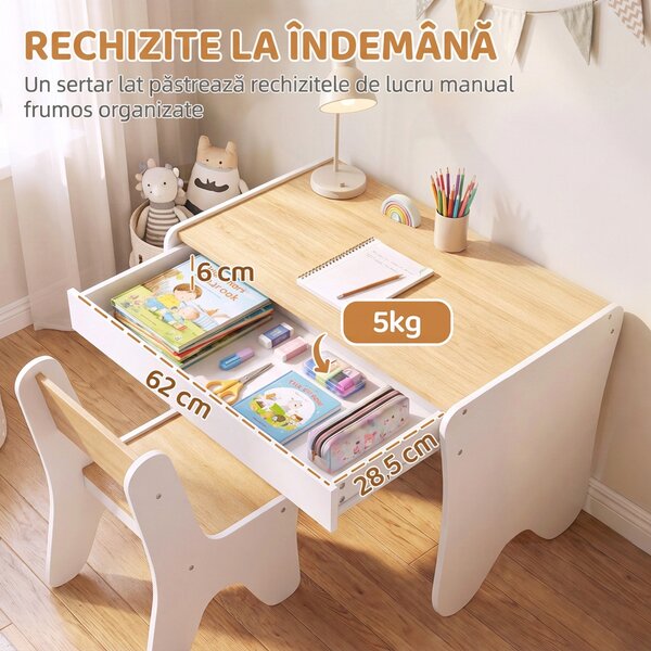 AIYAPLAY Set masă și scaun pentru copii, cu sertar, 3-8 ani, margini rotunjite, pentru camera copilului, living, grădiniță, alb | Aosom Romania