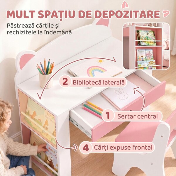AIYAPLAY Set masă și scaun pentru copii, 3-8 ani, cu bibliotecă laterală, sertar și design vulpiță, alb | Aosom Romania