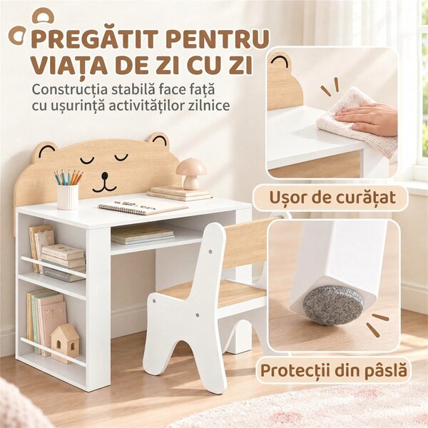 AIYAPLAY Set masă copii cu scaun, rafturi laterale, compartiment depozitare, 3-8 ani, model ursuleț, alb | Aosom Romania