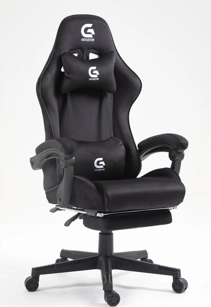 Scaun gaming, ergonomic, suport lombar cu masaj, sezut cu arcuri și spumă, spătar reglabil, tetieră, suport pentru picioare, rezistent 150 kg, material textil, Negru