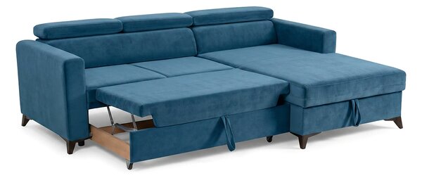 Colțar Extensibil MIZZONI, cu lada depozitare, tetiere reglabile, 250 x 175 x 94 cm, varianta pe dreapta, Albastru Denim, Outlet