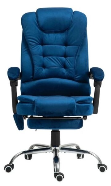 Scaun directorial cu Masaj și Încălzire, functie sezlong, suport picioare, catifea, Albastru