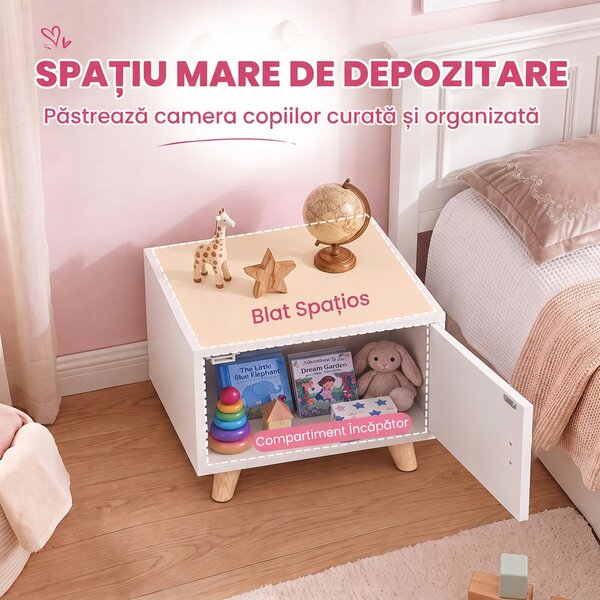 AIYAPLAY Noptieră pentru Copii 3-8 Ani cu Compartiment de Depozitare, Picioare din Pin, Mâner Nor, 34x31x25 cm, Alb | Aosom Romania