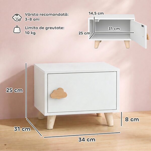 AIYAPLAY Noptieră pentru Copii 3-8 Ani cu Compartiment de Depozitare, Picioare din Pin, Mâner Nor, 34x31x25 cm, Alb | Aosom Romania