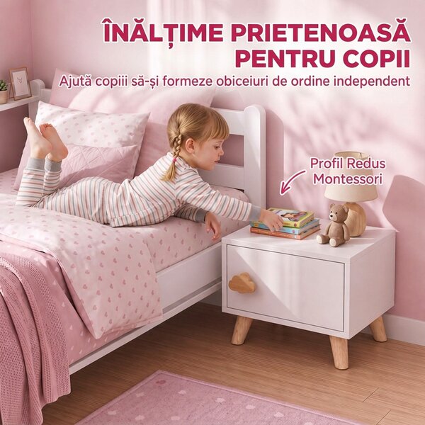 AIYAPLAY Noptieră pentru Copii 3-8 Ani cu Compartiment de Depozitare, Picioare din Pin, Mâner Nor, 34x31x25 cm, Alb | Aosom Romania