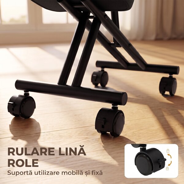 HOMCOM Scaun ergonomic postural reglabil, cu spătar și roți, negru | Aosom Romania