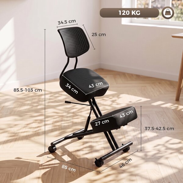 HOMCOM Scaun ergonomic postural reglabil, cu spătar și roți, negru | Aosom Romania