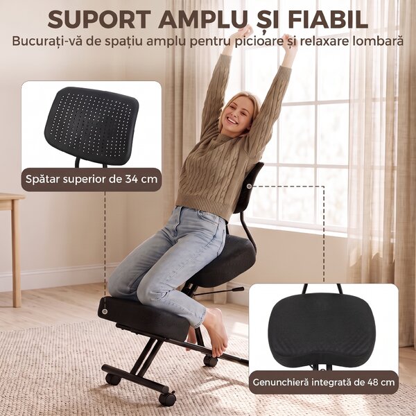 HOMCOM Scaun ergonomic postural reglabil, cu spătar și roți, negru | Aosom Romania
