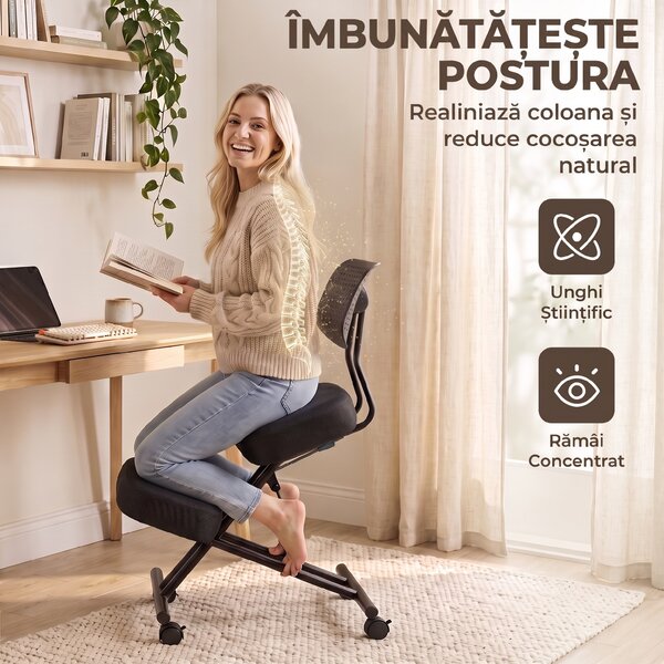 HOMCOM Scaun ergonomic postural reglabil, cu spătar și roți, negru | Aosom Romania