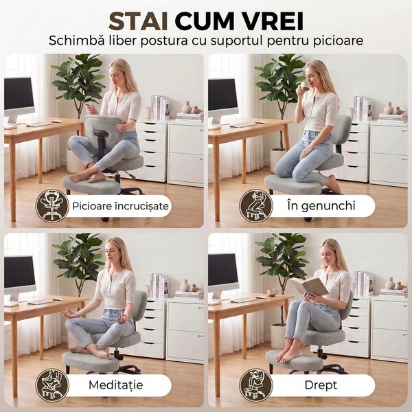 HOMCOM Scaun de Birou Ergonomic pentru Stat cu Picioarele Încrucișate, Rotire 360° cu Roți, Gri Deschis | Aosom Romania