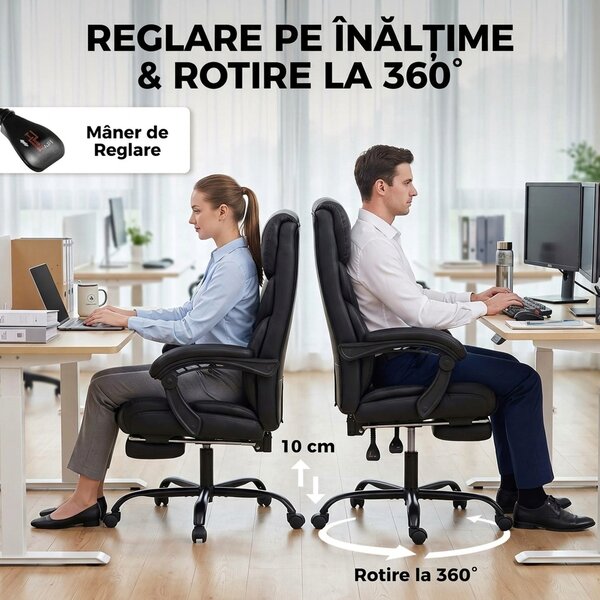 HOMCOM Scaun de birou ergonomic rotativ, rabatabil 165°, din piele ecologică PU, cu suport pentru picioare și înălțime reglabilă, negru | Aosom Romania