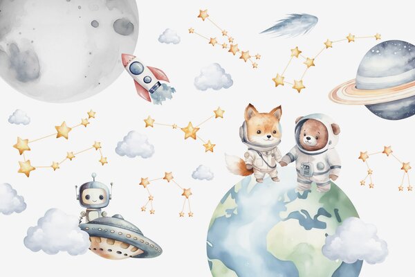 Tapet Animale drăguțe astronauți în spațiu, Fototapet Spaţiu, w03779 : Uwalls.ro