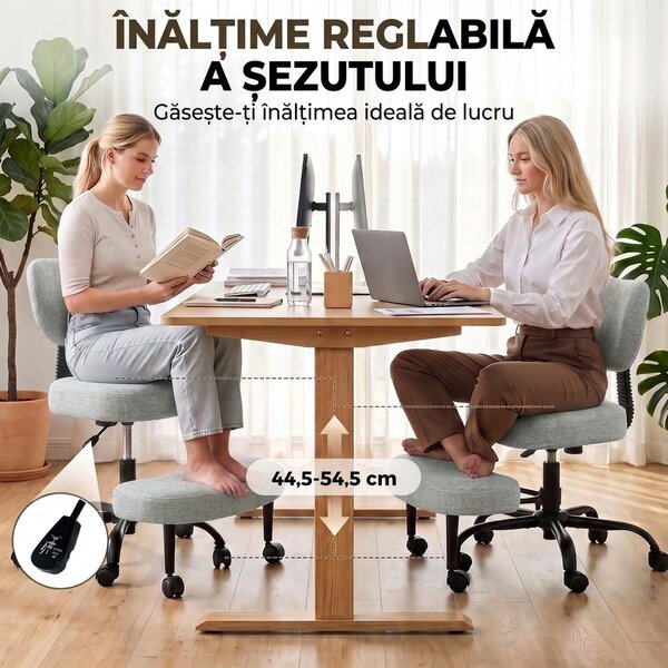 HOMCOM Scaun de Birou Ergonomic pentru Stat cu Picioarele Încrucișate, Rotire 360° cu Roți, Gri Deschis | Aosom Romania