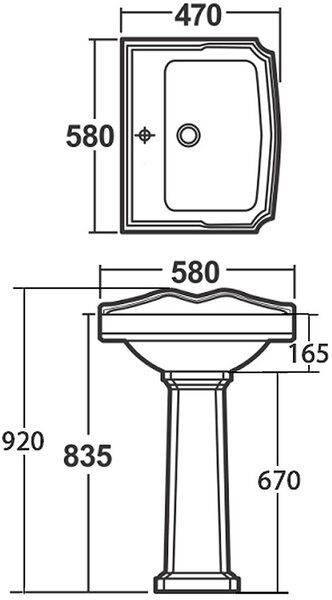 Aqualine Antik lavoar 58x47 cm dreptunghiular clasică alb luciu AK102