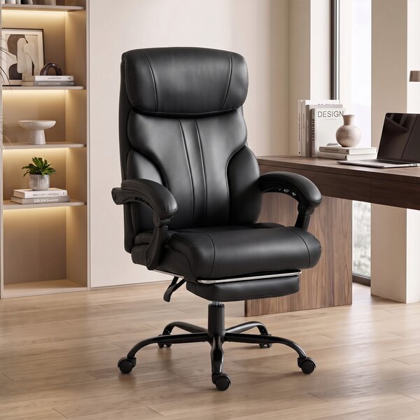 HOMCOM Scaun de birou ergonomic rotativ, rabatabil 165°, din piele ecologică PU, cu suport pentru picioare și înălțime reglabilă, negru | Aosom Romania