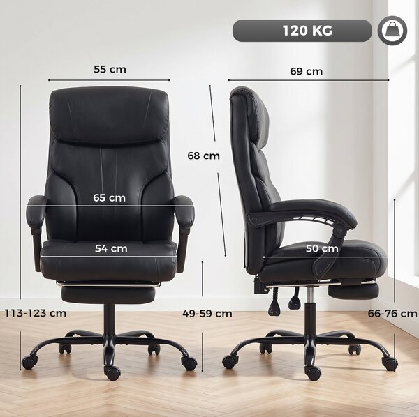 HOMCOM Scaun de birou ergonomic rotativ, rabatabil 165°, din piele ecologică PU, cu suport pentru picioare și înălțime reglabilă, negru | Aosom Romania