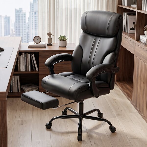 HOMCOM Scaun de birou ergonomic rotativ, rabatabil 165°, din piele ecologică PU, cu suport pentru picioare și înălțime reglabilă, negru | Aosom Romania