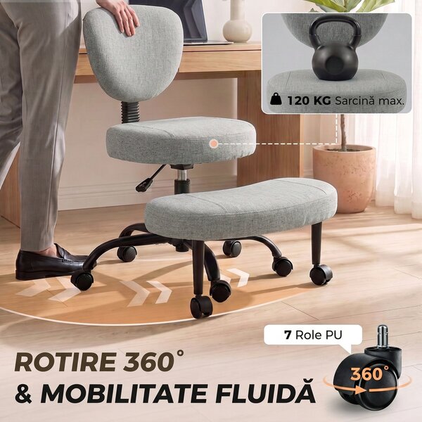 HOMCOM Scaun de Birou Ergonomic pentru Stat cu Picioarele Încrucișate, Rotire 360° cu Roți, Gri Deschis | Aosom Romania