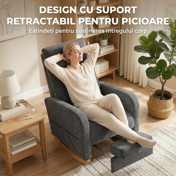 HOMCOM Fotoliu Balansoar Tapițat din Țesătură cu Aspect de In, Suport pentru Picioare, Spătar Înalt, Picioare din Lemn de Cauciuc, Gri | Aosom Romania