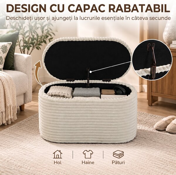 HOMCOM Set 3 piese cu spațiu de depozitare din catifea raiată, pentru living și dormitor, crem | Aosom Romania
