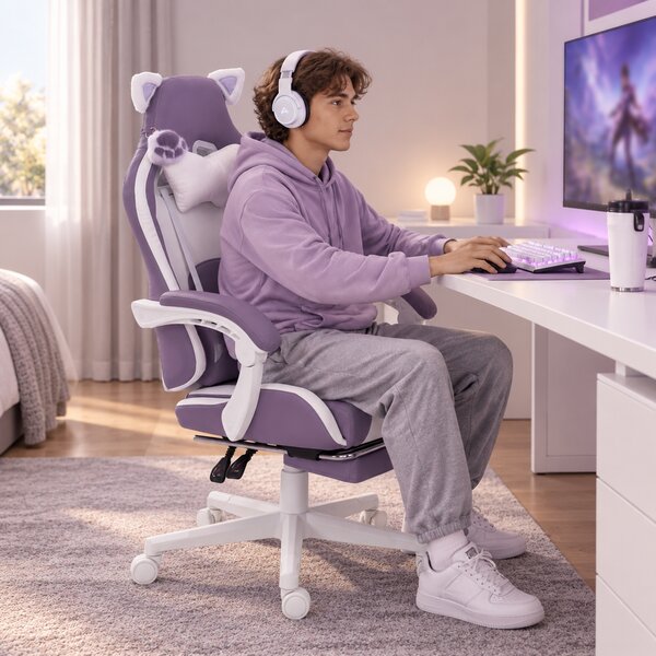HOMCOM Scaun Gaming Ergonomic cu Urechi de Pisică, Suport pentru Picioare, Suport Lombar și Cervical, Mov | Aosom Romania