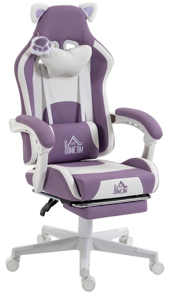 HOMCOM Scaun Gaming Ergonomic cu Urechi de Pisică, Suport pentru Picioare, Suport Lombar și Cervical, Mov | Aosom Romania