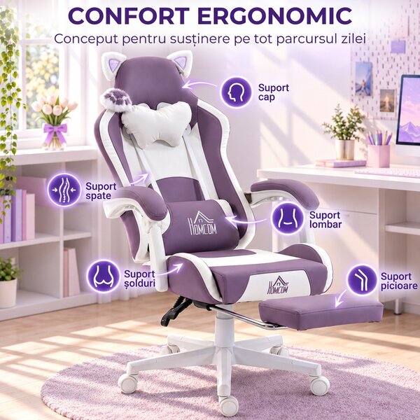 HOMCOM Scaun Gaming Ergonomic cu Urechi de Pisică, Suport pentru Picioare, Suport Lombar și Cervical, Mov | Aosom Romania