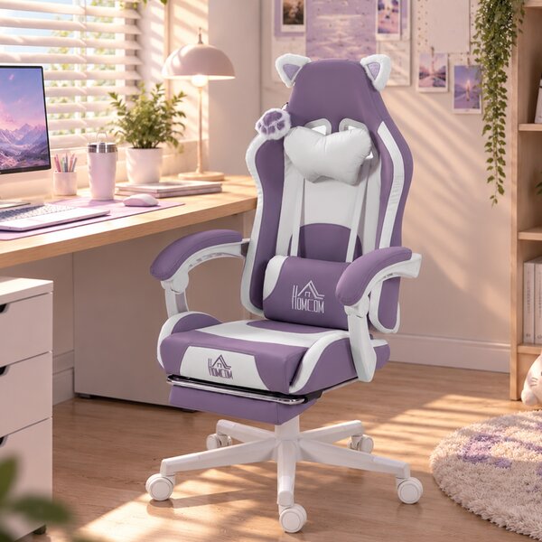 HOMCOM Scaun Gaming Ergonomic cu Urechi de Pisică, Suport pentru Picioare, Suport Lombar și Cervical, Mov | Aosom Romania
