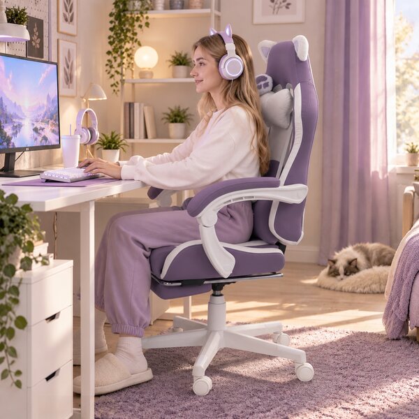 HOMCOM Scaun Gaming Ergonomic cu Urechi de Pisică, Suport pentru Picioare, Suport Lombar și Cervical, Mov | Aosom Romania