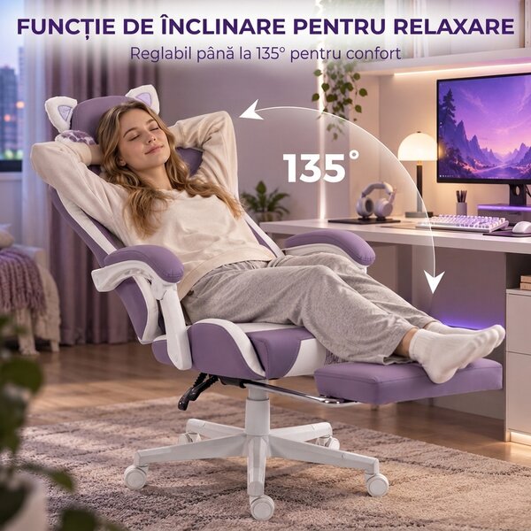 HOMCOM Scaun Gaming Ergonomic cu Urechi de Pisică, Suport pentru Picioare, Suport Lombar și Cervical, Mov | Aosom Romania