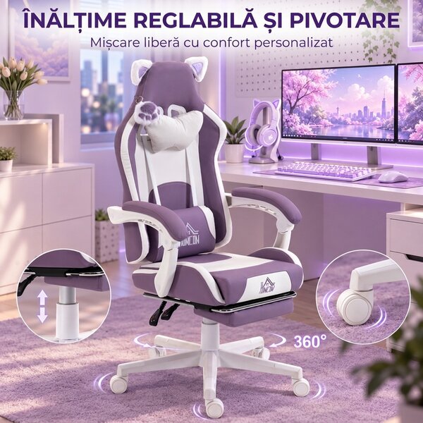 HOMCOM Scaun Gaming Ergonomic cu Urechi de Pisică, Suport pentru Picioare, Suport Lombar și Cervical, Mov | Aosom Romania
