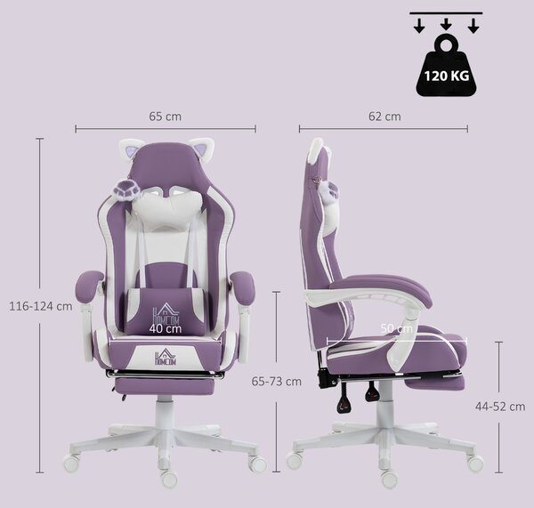 HOMCOM Scaun Gaming Ergonomic cu Urechi de Pisică, Suport pentru Picioare, Suport Lombar și Cervical, Mov | Aosom Romania