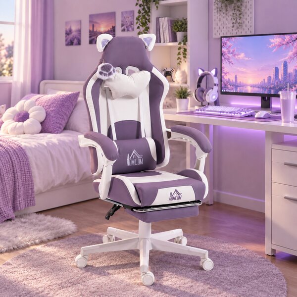 HOMCOM Scaun Gaming Ergonomic cu Urechi de Pisică, Suport pentru Picioare, Suport Lombar și Cervical, Mov | Aosom Romania