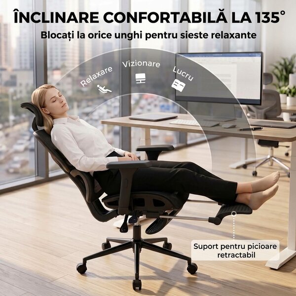 HOMCOM Scaun de Birou Ergonomic Rabatabil cu Suport pentru Picioare și Suport Lombar, Negru | Aosom Romania
