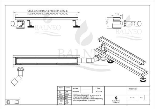 Balneo Side-Drain rigolă duș 60 cm oţel SD600